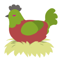 A red and chartreuse chicken with a head pattern