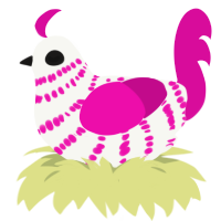 The Canoness, a white and fuchsia chicken with a bar pattern