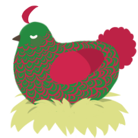 A viridian and crimson chicken with a double-lace pattern