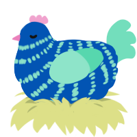 Broody, a ultramarine and mint chicken with a bar pattern