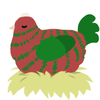 A red and leaf chicken with a bar pattern