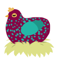 A maroon and turquoise chicken with a speckle pattern