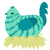 A mint and teal chicken with a bar pattern