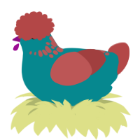Hippy, a teal and red chicken with a neck-speckle pattern