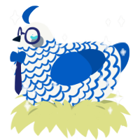 A white and ultramarine chicken with a lace pattern
