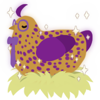 Goldie, a gold and violet chicken with a speckle pattern