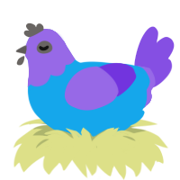 Peach, a sky and blurple chicken with a head pattern