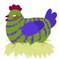 Charlie, a chartreuse and indigo chicken with a bar pattern