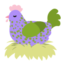 Spring, a lilac and chartreuse chicken with a speckle pattern