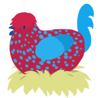A crimson and sky chicken with a speckle pattern