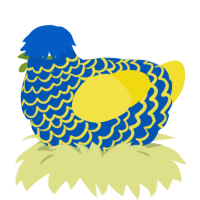 A ultramarine and yellow chicken with a lace pattern