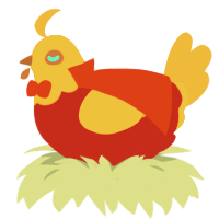 A red and orange chicken with a head pattern