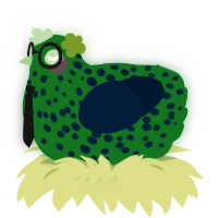 Pickle, a leaf and tumblr chicken with a speckle pattern