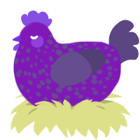 eggplant, a violet and overcast chicken with a speckle pattern