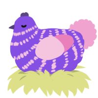 A blurple and pink chicken with a bar pattern