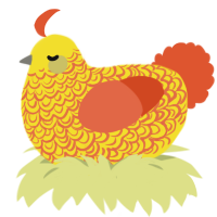 cheese puff, a yellow and vermilion chicken with a double-lace pattern
