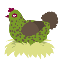 A chartreuse and bark chicken with a speckle pattern
