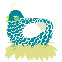 A teal and white chicken with a lace pattern