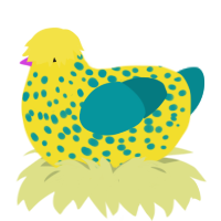 Banana Roquefort, a yellow and teal chicken with a speckle pattern