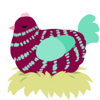 Winter Blues, a maroon and mint chicken with a bar pattern