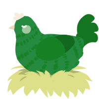 pickle, a viridian and leaf chicken with a bar pattern