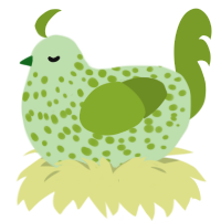A gluppy and chartreuse chicken with a speckle pattern