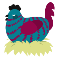 Jackie, a sea and maroon chicken with a bar pattern