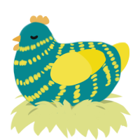 A teal and yellow chicken with a bar pattern