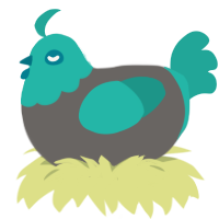chimku, a grey and turquoise chicken with a head pattern