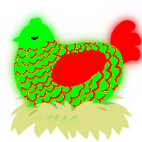 Mildly Unsafe, a fuchsia and teal chicken with a lace pattern