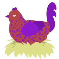 A red and violet chicken with a speckle pattern