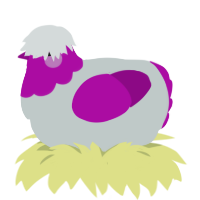 A silver and plum chicken with a head pattern