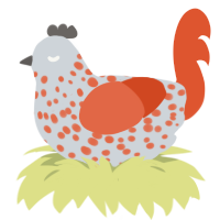 Galaphobia, a mist and vermilion chicken with a speckle pattern