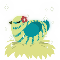 A lemon and teal chicken with a bar pattern