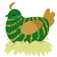 Cheesy Broccoli, a leaf and gold chicken with a bar pattern