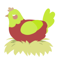 Apple, a red and lime chicken with a head pattern