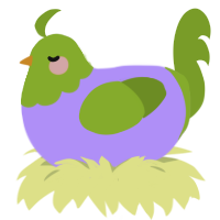 Eggplant, a lilac and chartreuse chicken with a head pattern