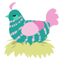 (unnamed), a turquoise and pink chicken with a bar pattern