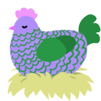 A lilac and viridian chicken with a lace pattern