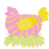 A pink and yellow chicken with a bar pattern
