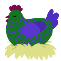 Jomker, a leaf and indigo chicken with a speckle pattern
