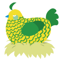 A yellow and viridian chicken with a lace pattern