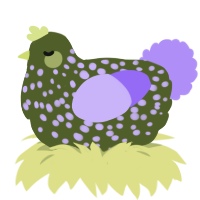 A olive and lilac chicken with a speckle pattern