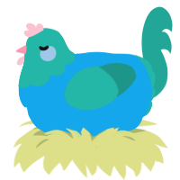 A sky and turquoise chicken with a head pattern