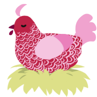 cinders jr, a crimson and pink chicken with a double-lace pattern