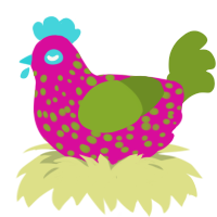 Dragonfruit, a fuchsia and chartreuse chicken with a speckle pattern