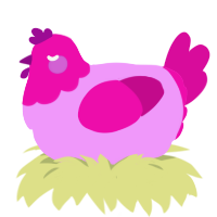wad of chewed gum, a lavender and fuchsia chicken with a head pattern