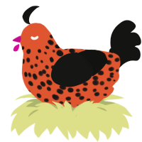 A vermilion and black chicken with a speckle pattern