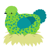A grass and teal chicken with a speckle pattern