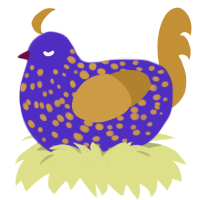 A indigo and gold chicken with a speckle pattern